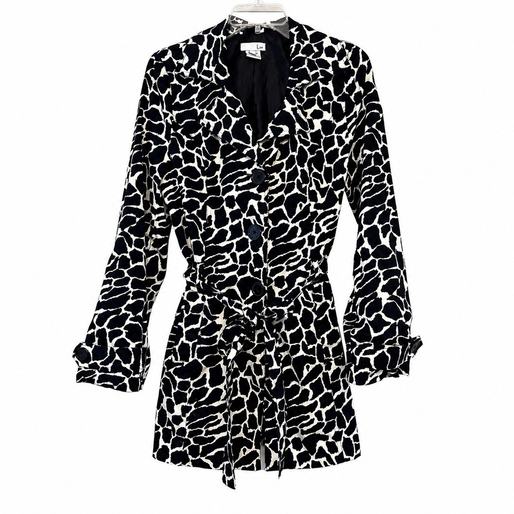 Lull Womens Giraffe Print Trench Coat Black White Belted Button Front Jacket L